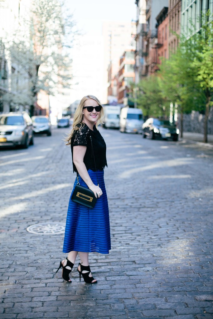 wit & whimsy I lace skirt + blue midi skirt