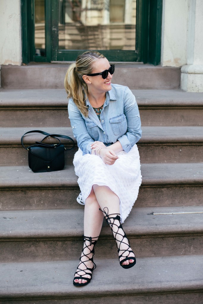 wit & whimsy I white midi skirt and chambray shirt