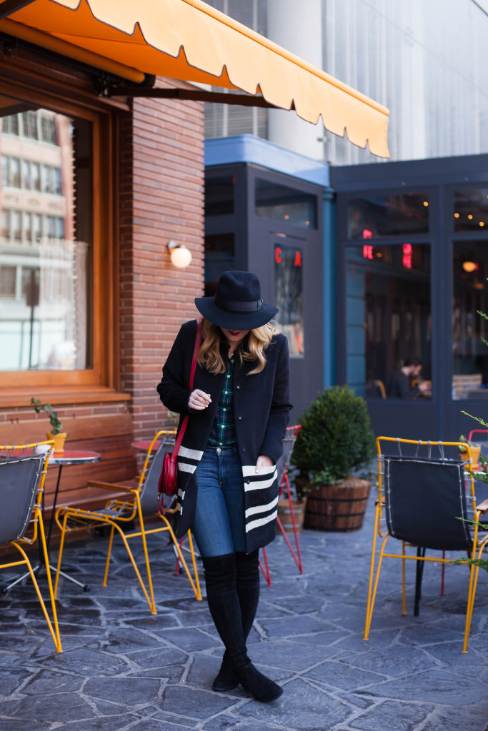 Maison Scotch Stripe Coat I Stuart Weitzman Lowland Boots