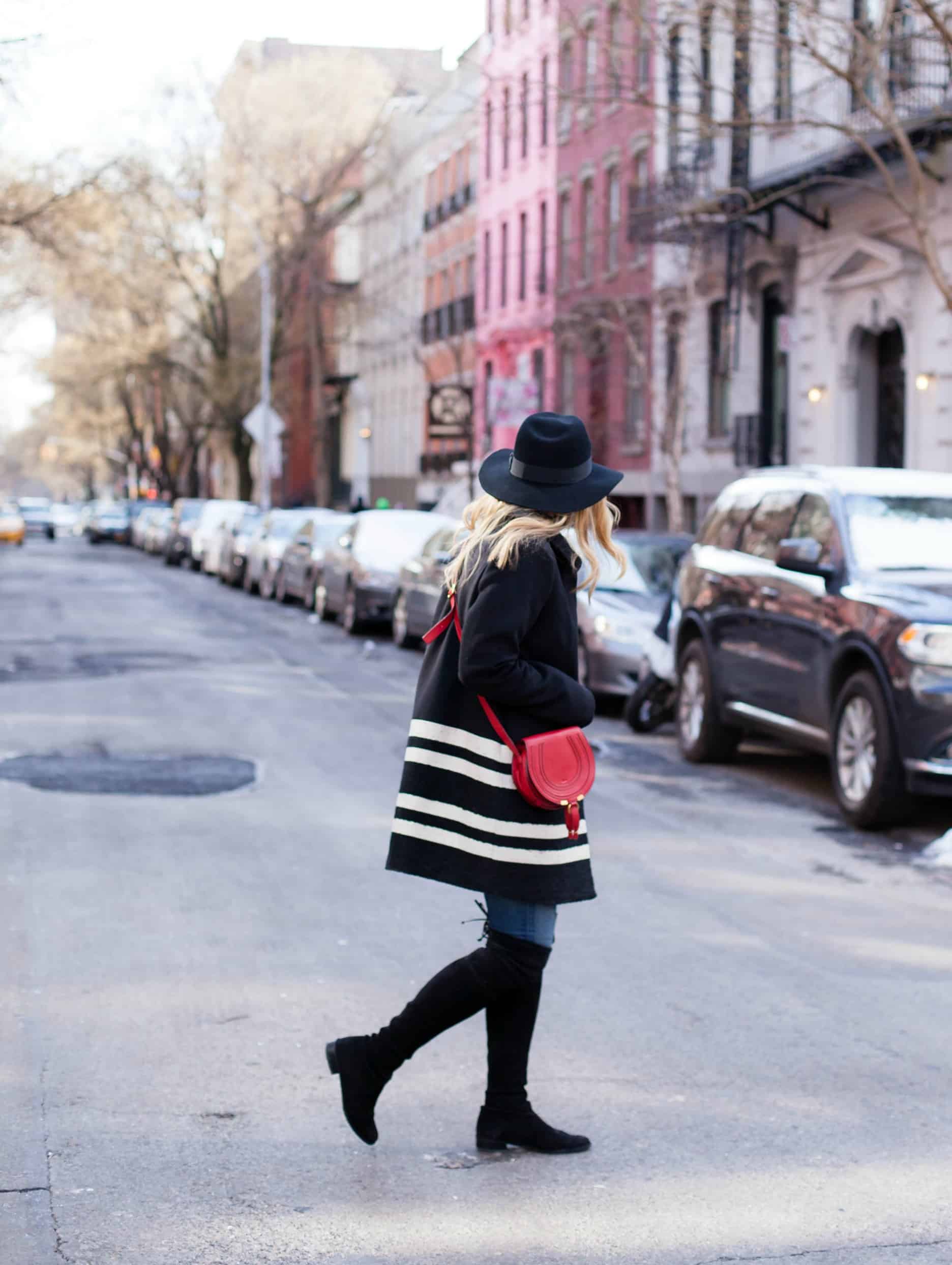 Striped Coat, Red Bag | Aloft