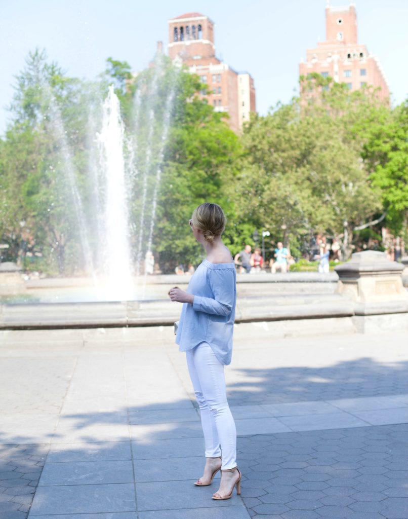 Chambray Off the Shoulder + White Denim