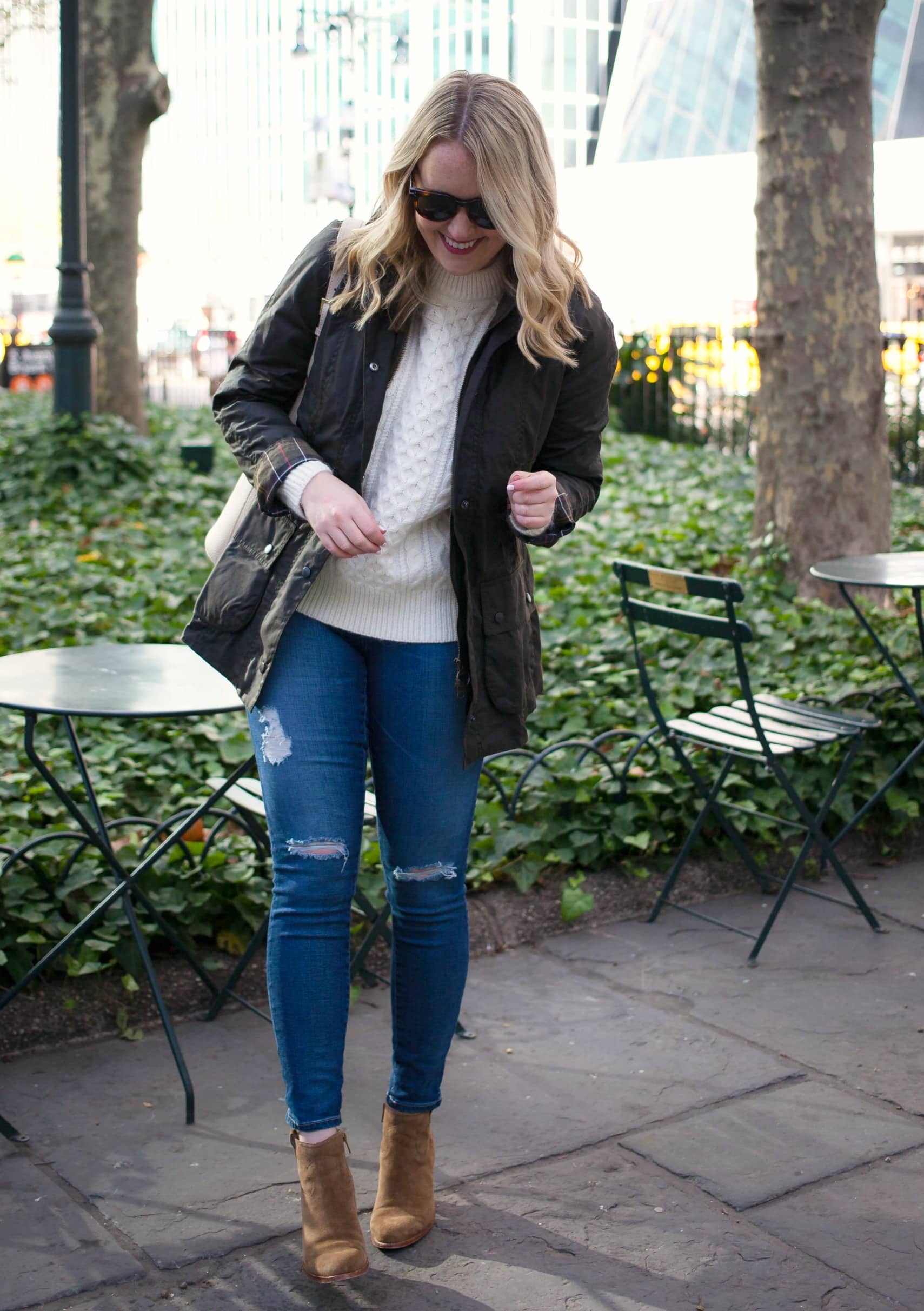 Classic Barbour Jacket and Cable Knit Sweater | Cute Coats at Every Price