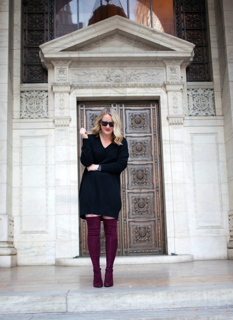 Stuart Weitzman Highstreet Boots and Everlane Sweater Dress on blogger Meghan Donovan