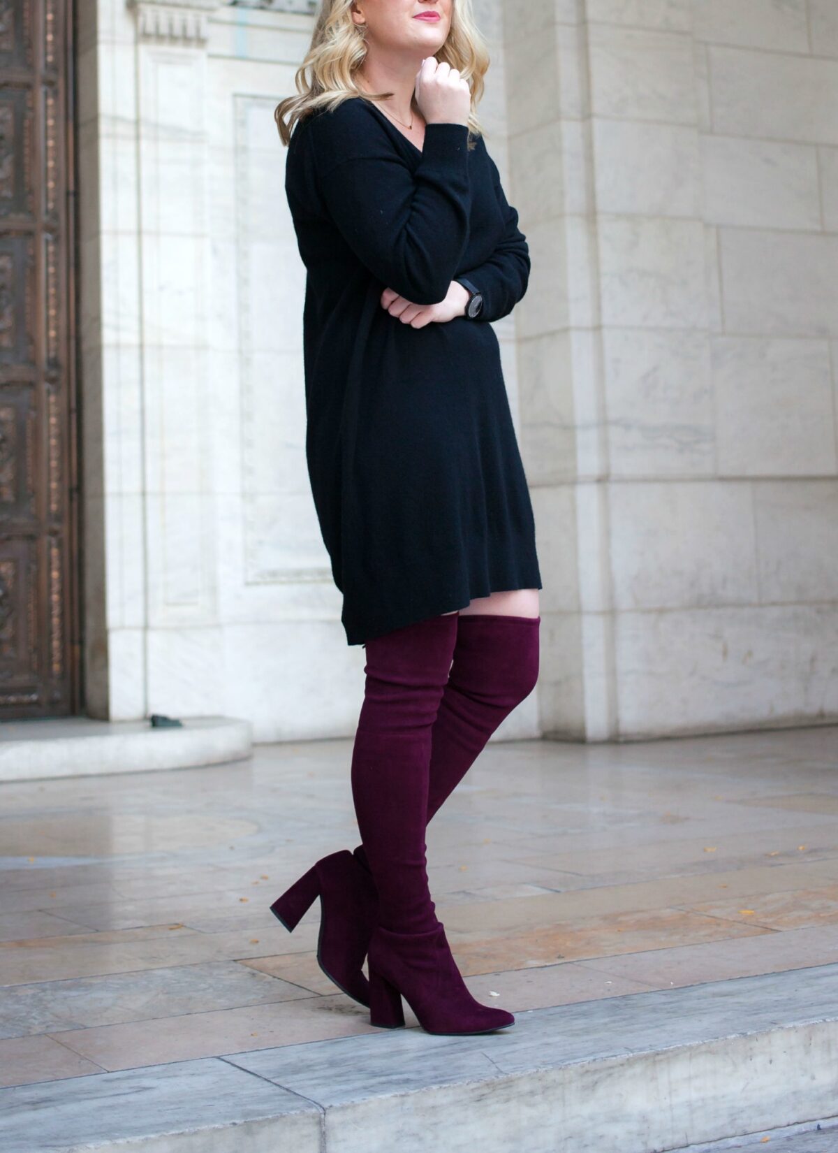 Stuart Weitzman Highstreet Boots and Everlane Sweater Dress on blogger Meghan Donovan