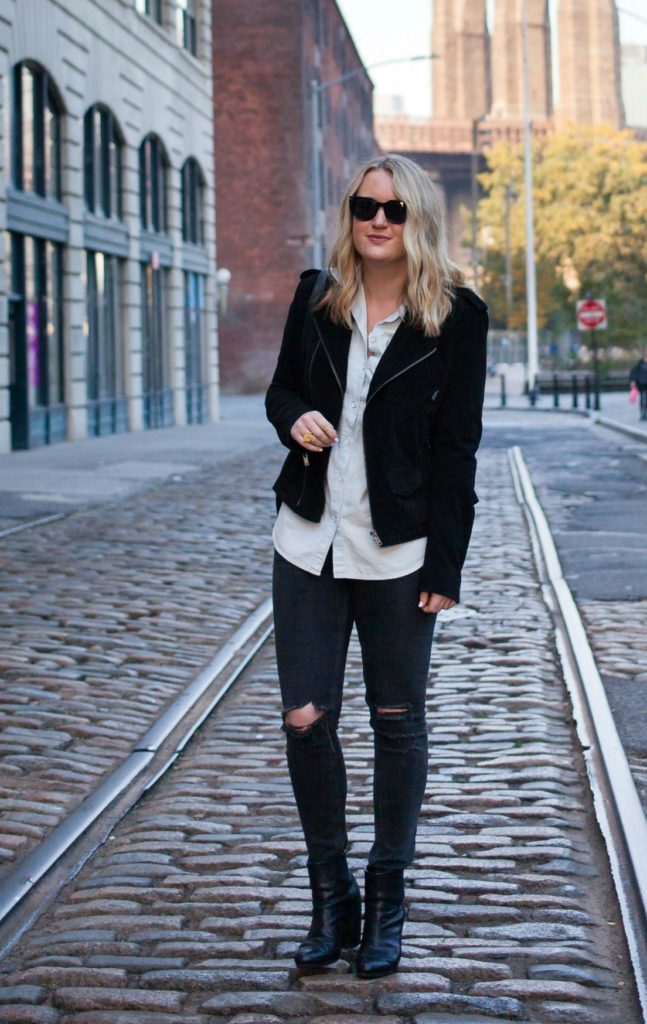 Suede Moto Jacket and Distressed Denim on wit & whimsy blogger Meghan Donovan