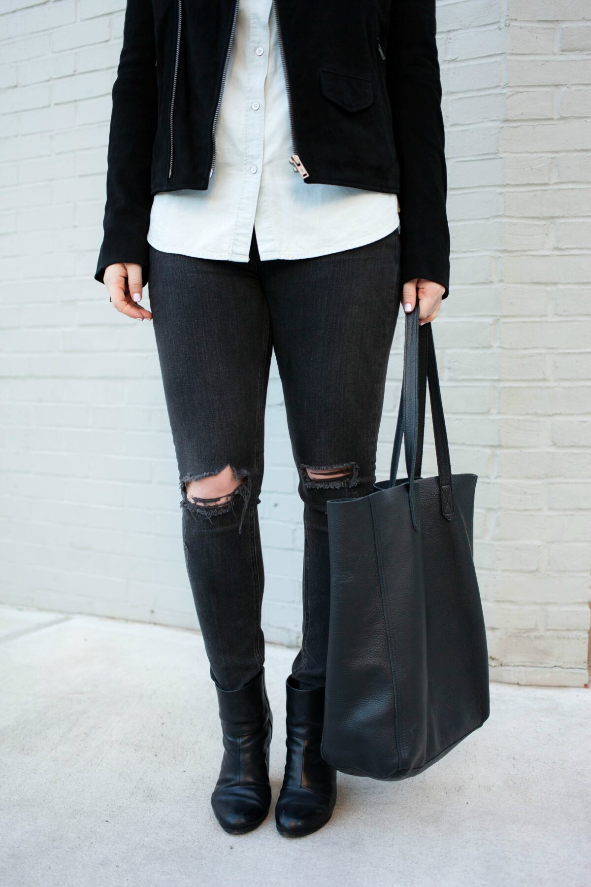 Suede Moto Jacket and Distressed Denim on wit & whimsy blogger Meghan Donovan