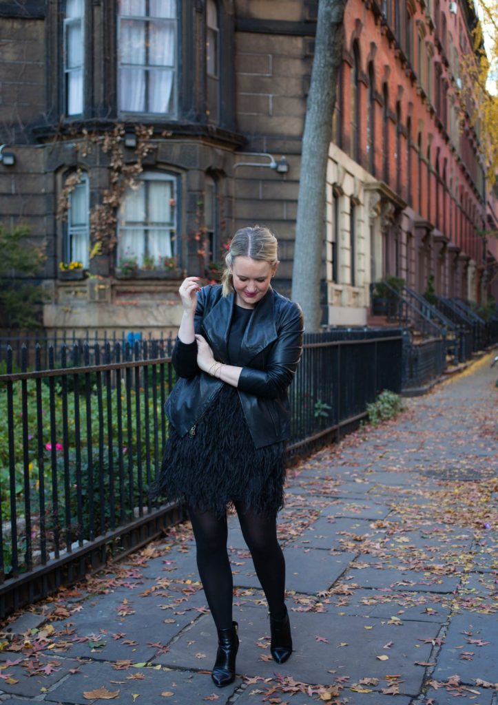 Holiday Dressing Tips I Pair a leather jacket over a feminine dress