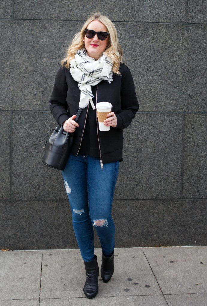 Ann Taylor Plaid Scarf and Everlane Bomber Jacket