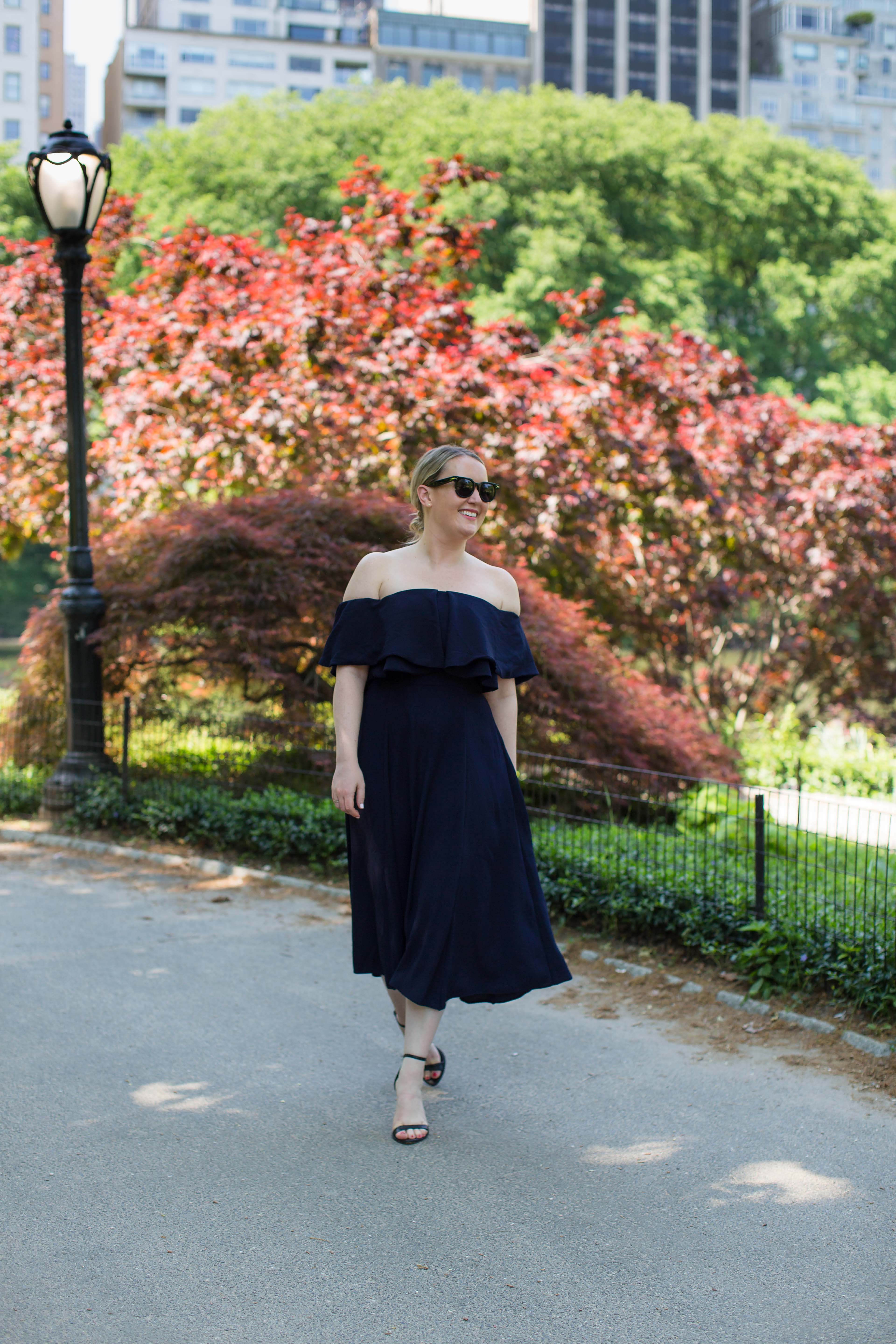 ASOS Navy Off the Shoulder Dress| Affordable Wedding Guest Outfit Ideas | wit & whimsy
