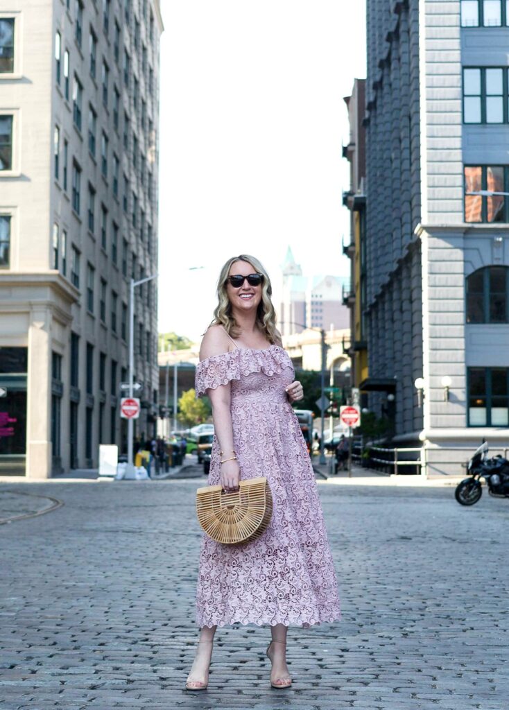 Meghan Donovan of wit & whimsy wears a lace midi dress