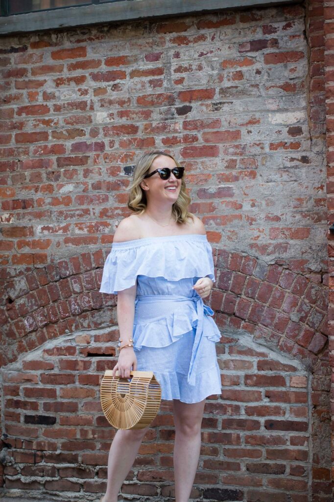 Meghan Donovan of wit & whimsy wears a Topshop Bardot Dress from Nordstrom