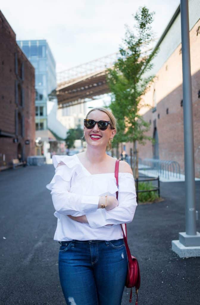 Meghan Donovan of wit & whimsy wears AG Denim and STYLEKEEPERS top