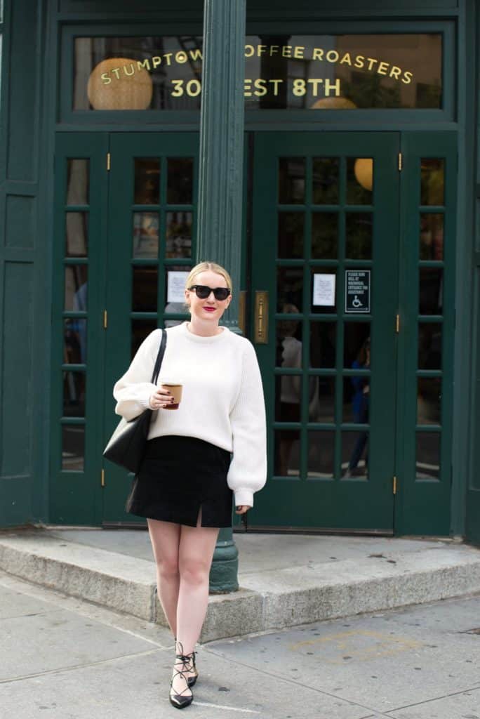 Meghan Donovan of wit & whimsy wears a Demylee Sweater + Suede Skirt