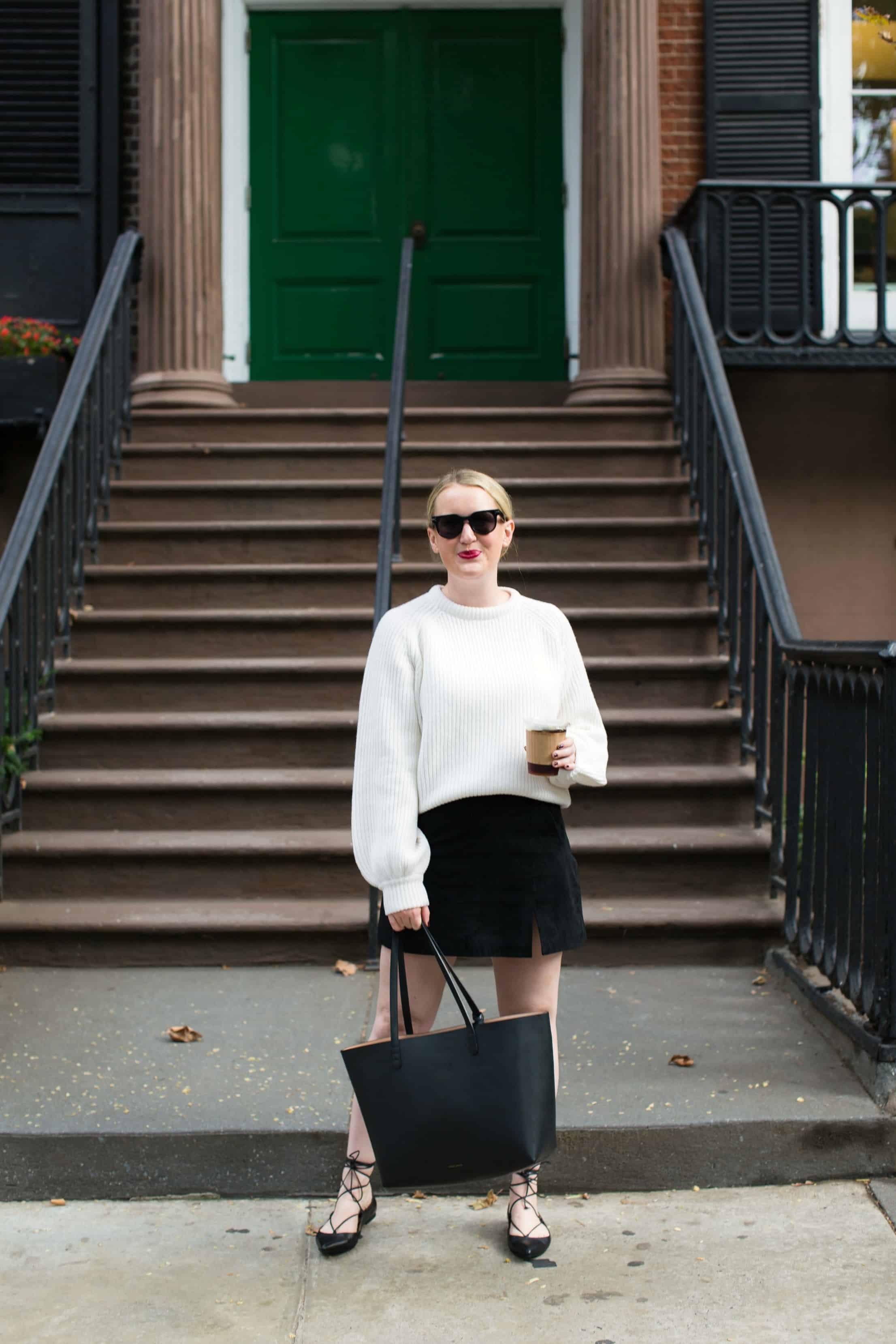 Meghan Donovan of wit & whimsy wears a Demylee Sweater + Suede Skirt
