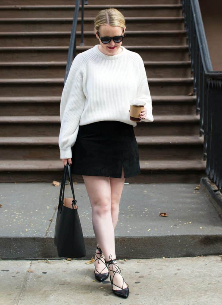 Meghan Donovan of wit & whimsy wears a Demylee Sweater + Suede Skirt