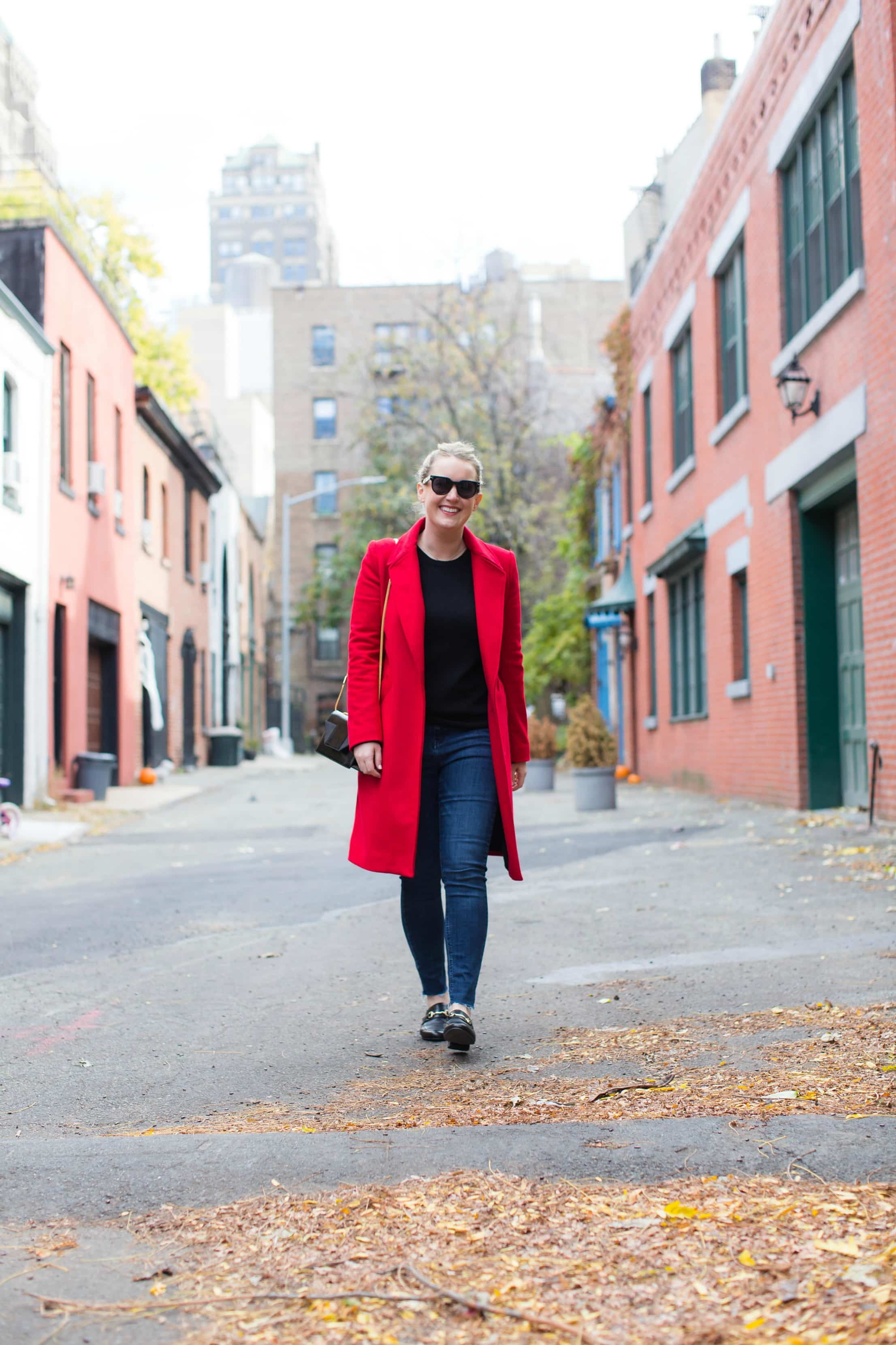 Meghan Donovan styles a red coat