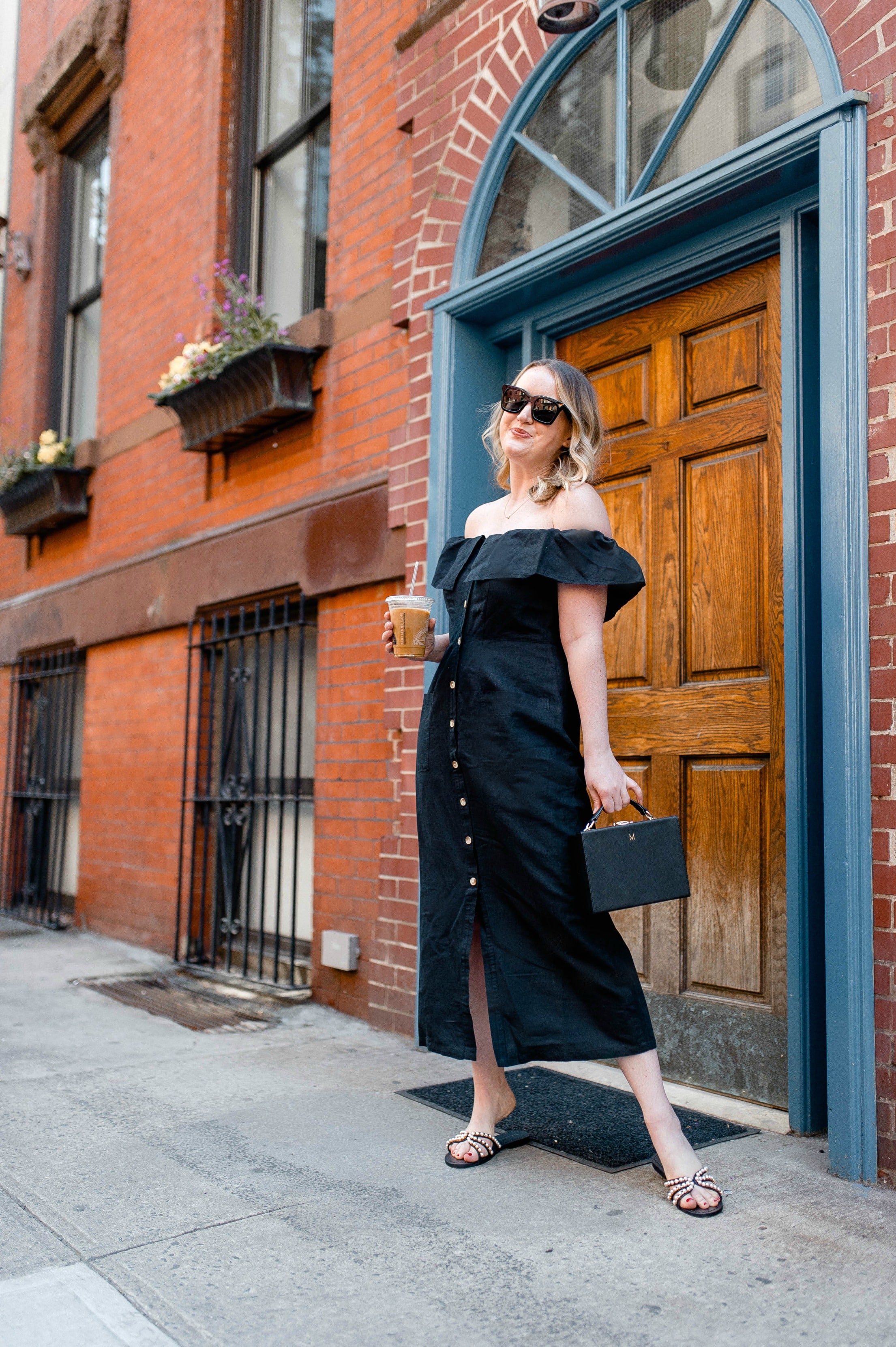 Off the shoulder linen dress on Meghan Donovan of wit & whimsy
