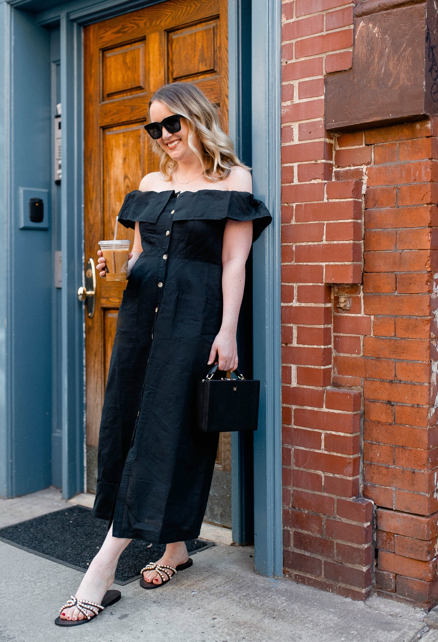 Off the shoulder linen dress on Meghan Donovan of wit & whimsy