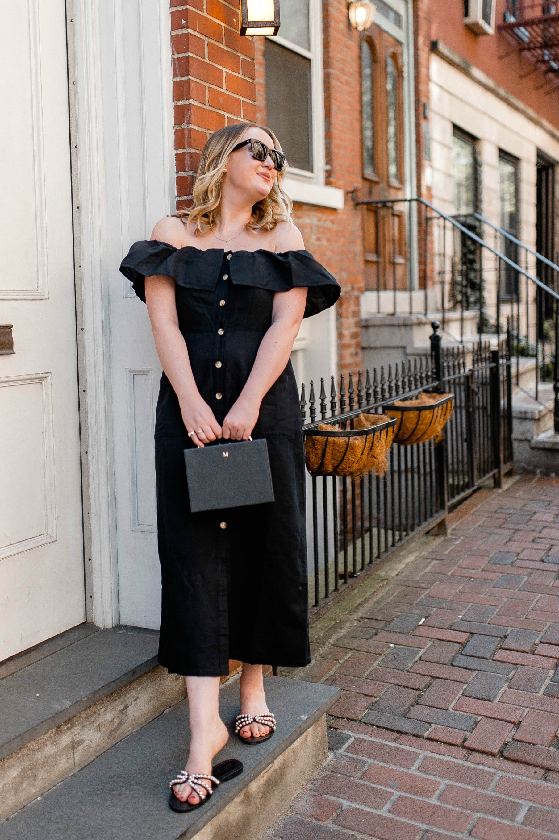 Off the shoulder linen dress on Meghan Donovan of wit & whimsy