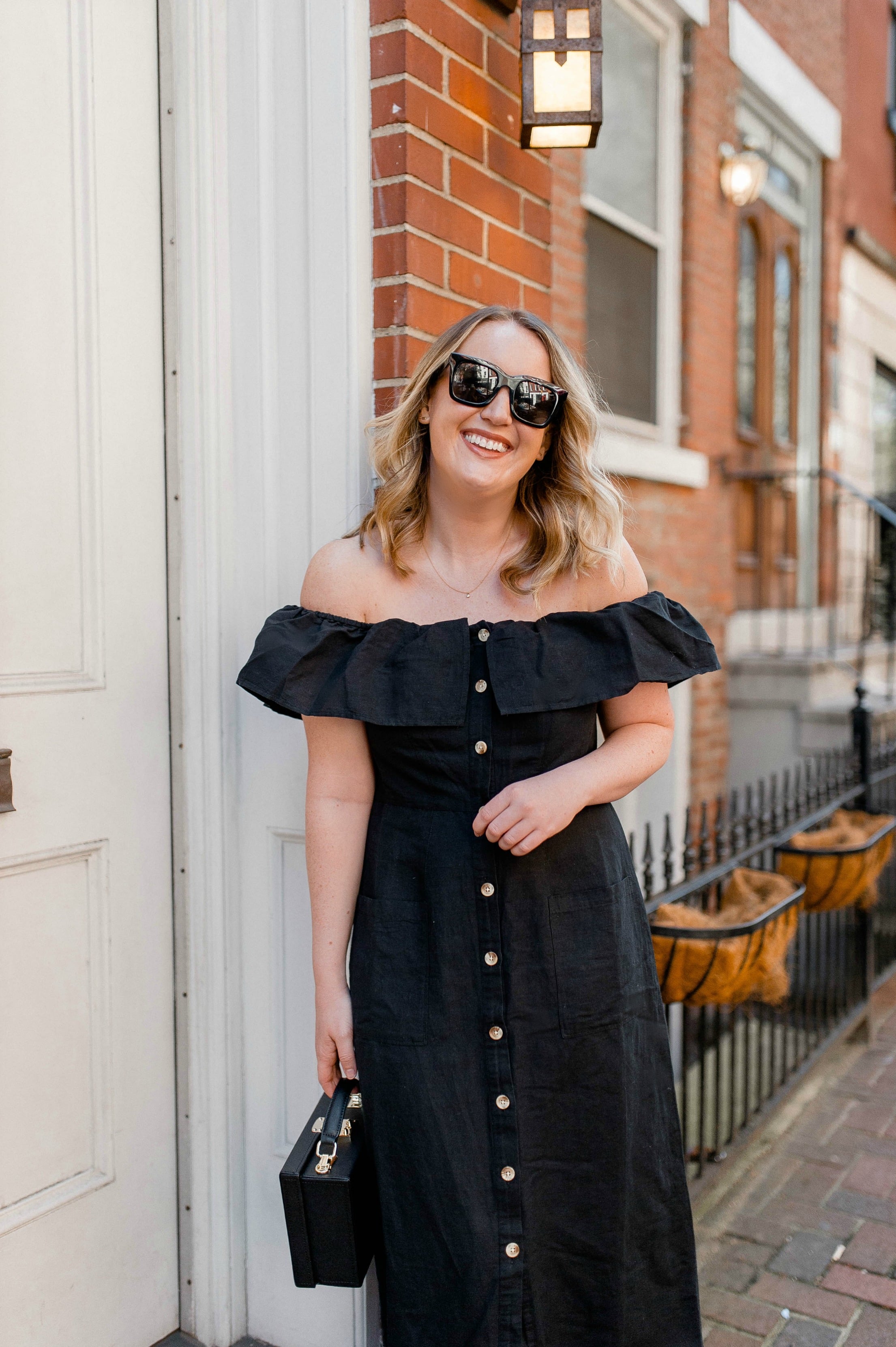 Off the shoulder linen dress on Meghan Donovan of wit & whimsy