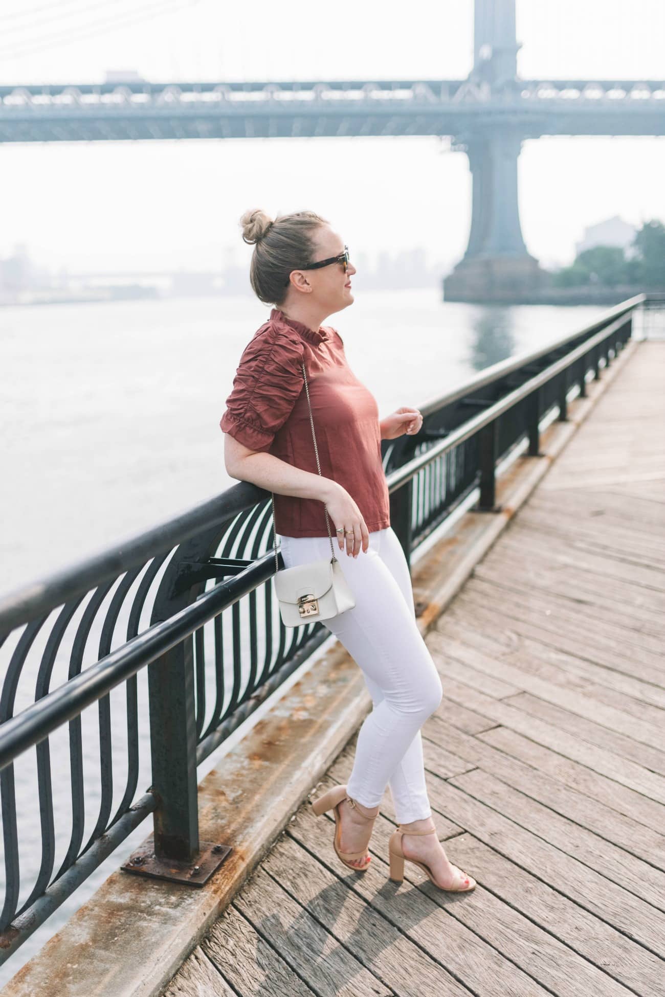 Burgundy Blouse + White Denim