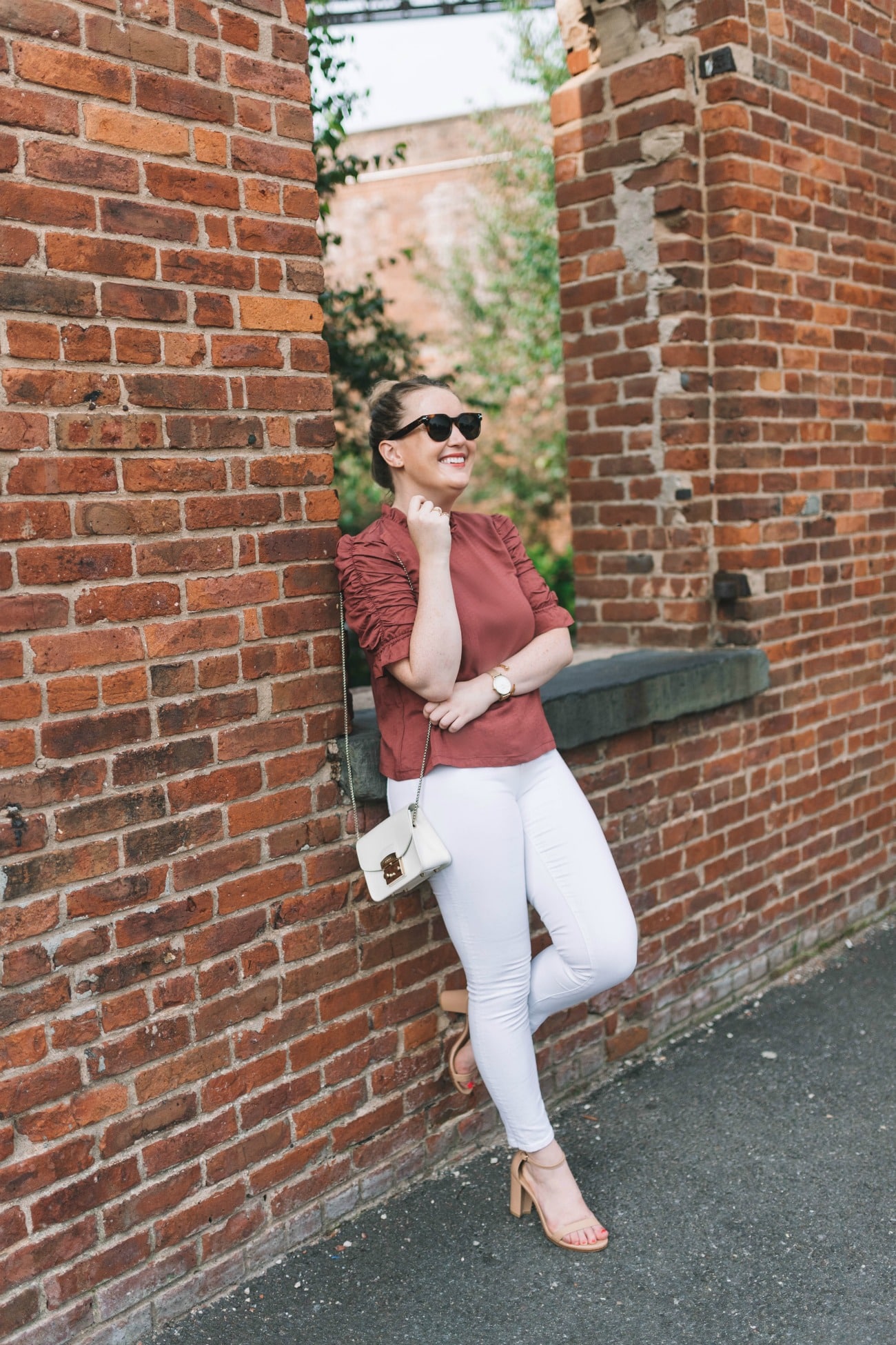 Adding Color Burgundy Blouse + White Denim