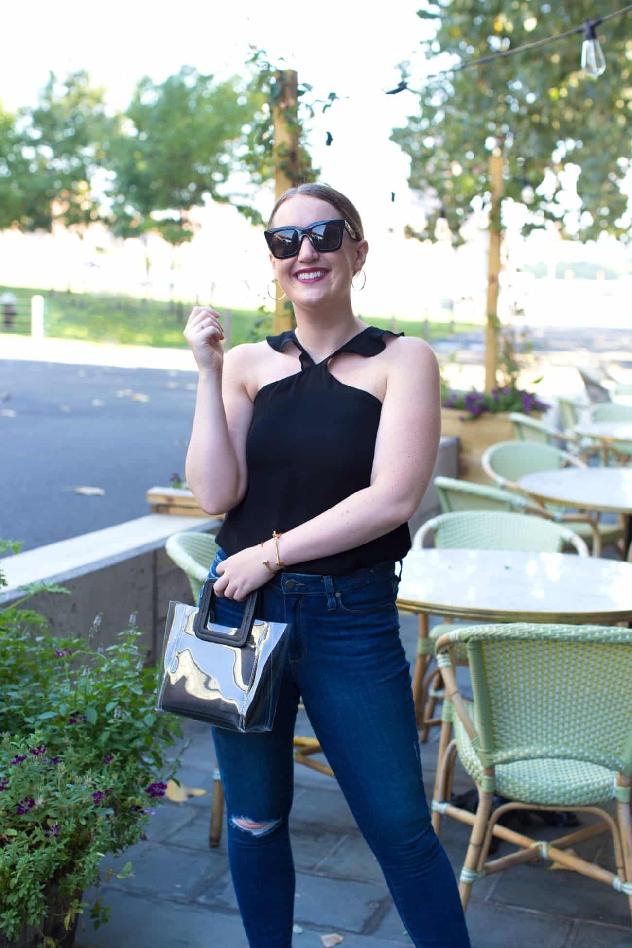 Black Cami Top, Skinny Jeans, and Hoop Earrings