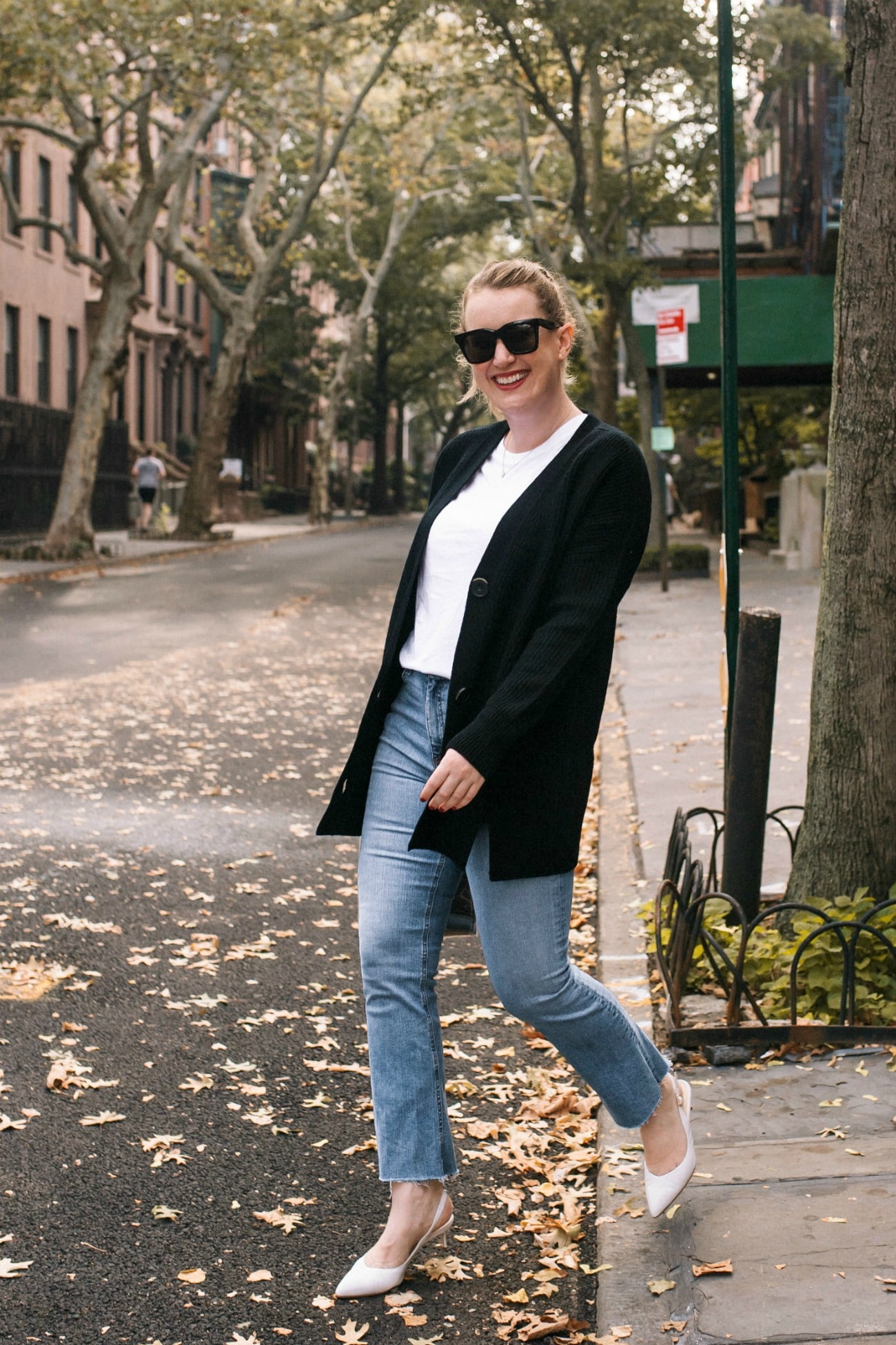 Boyfriend cardigan + kitten heels