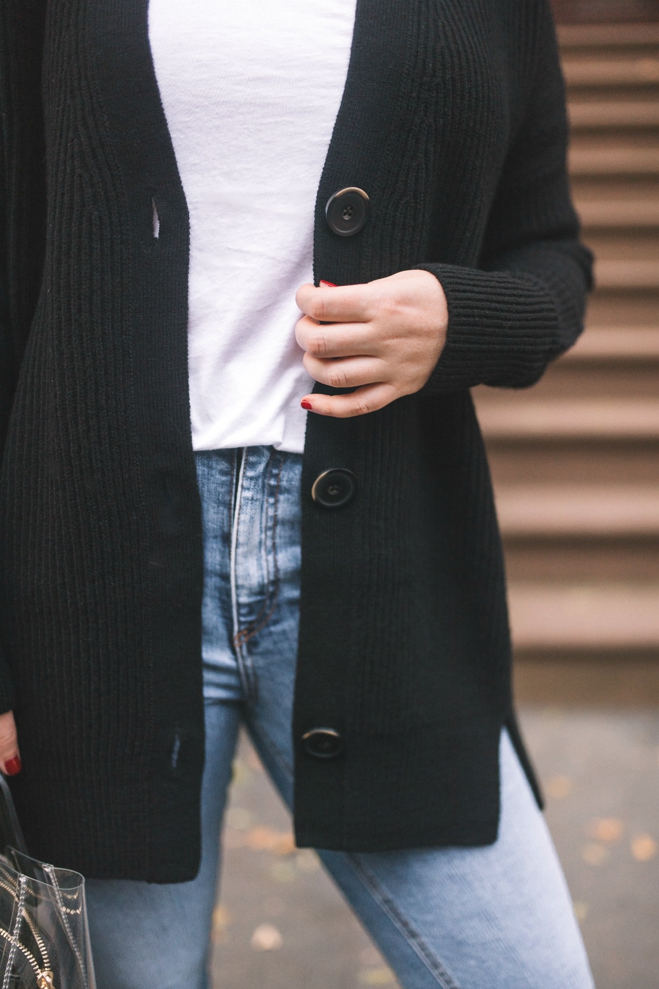 What to Wear on a Long Flight Black Boyfriend Cardigan, perfect for travel