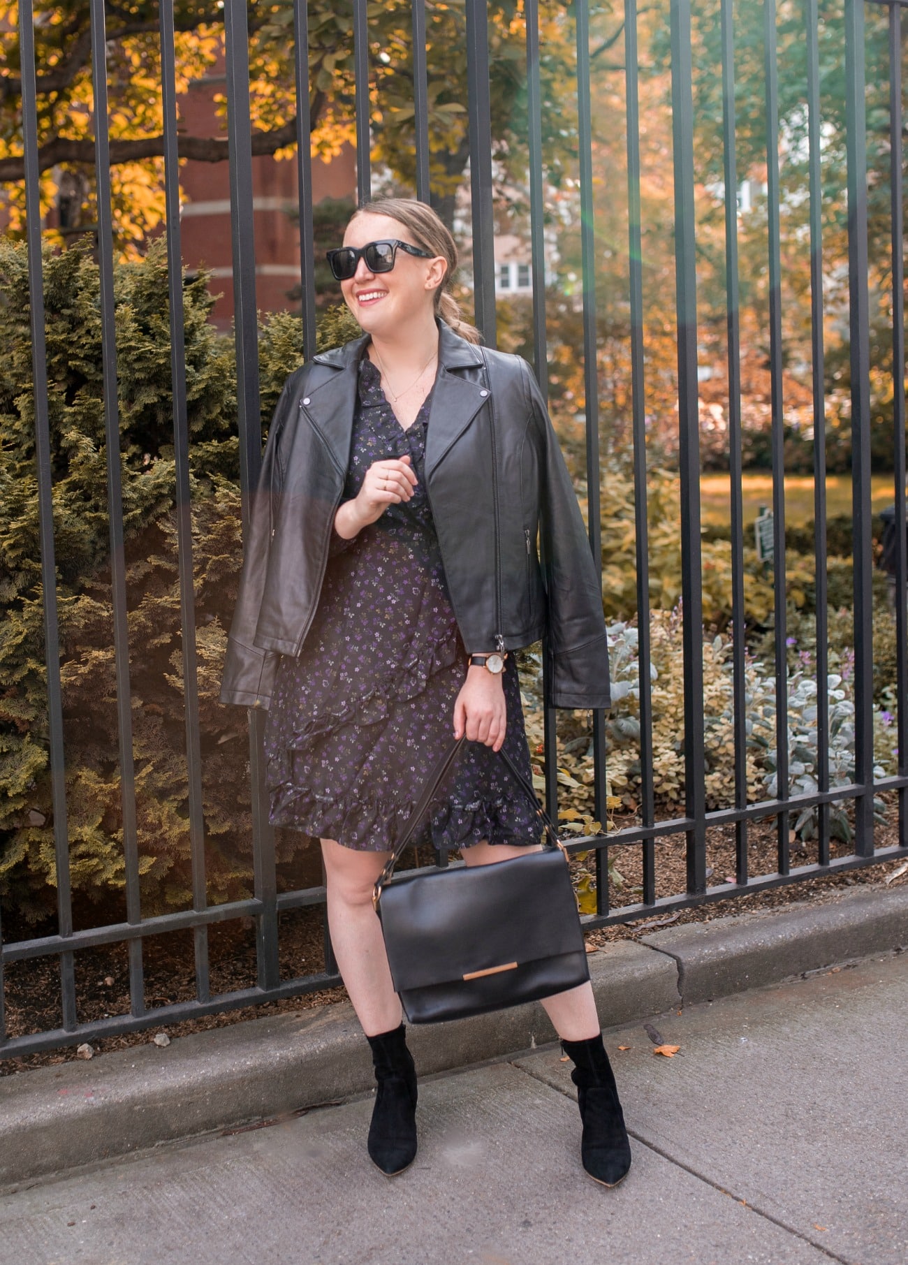 J.McLaughlin Floral Fall outfit J.McLaughlin Floral Dress + Leather Jacket I wit & whimsy