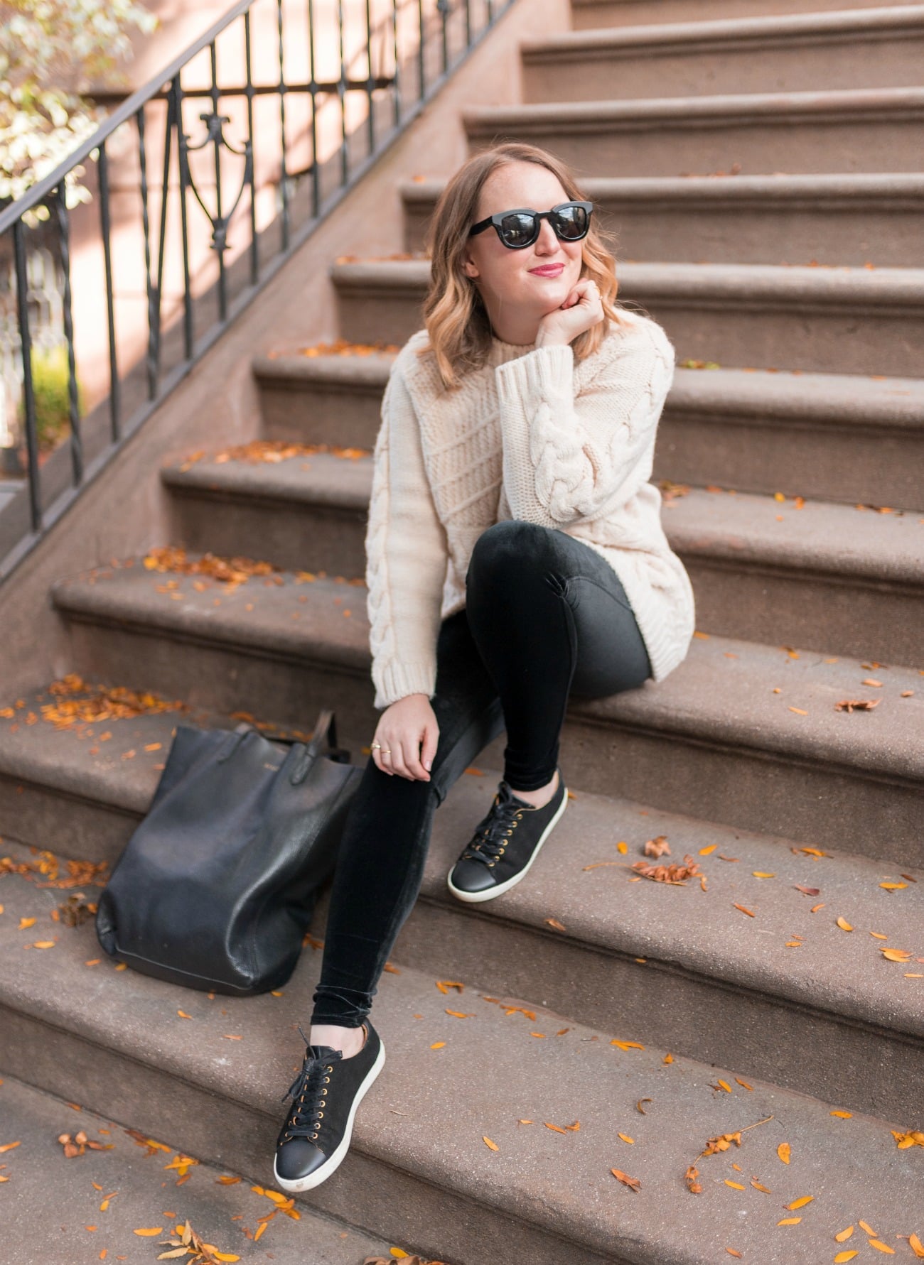 sweater and velvet leggings outfit