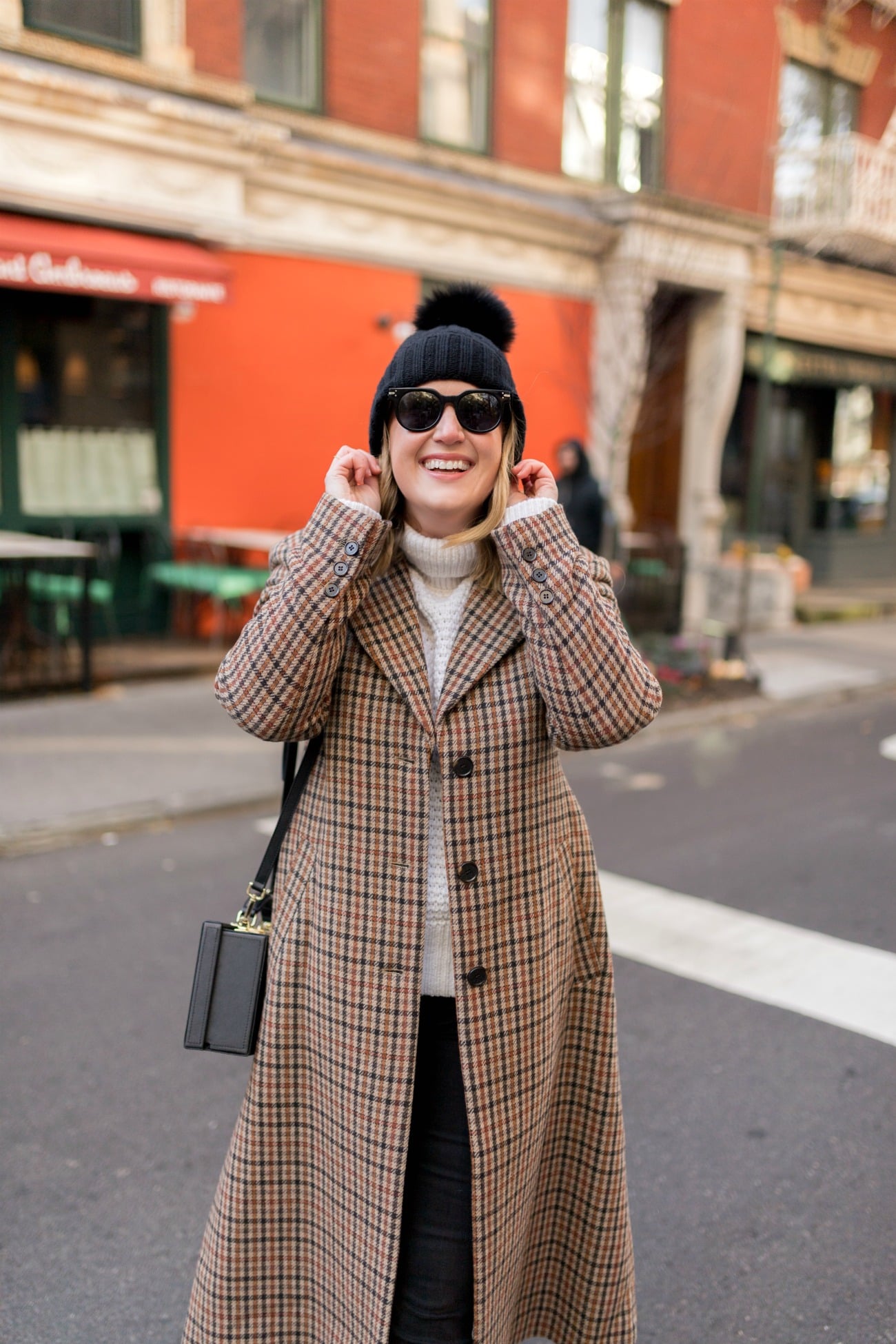 Meghan Donovan Plaid Coat I pom pom hat