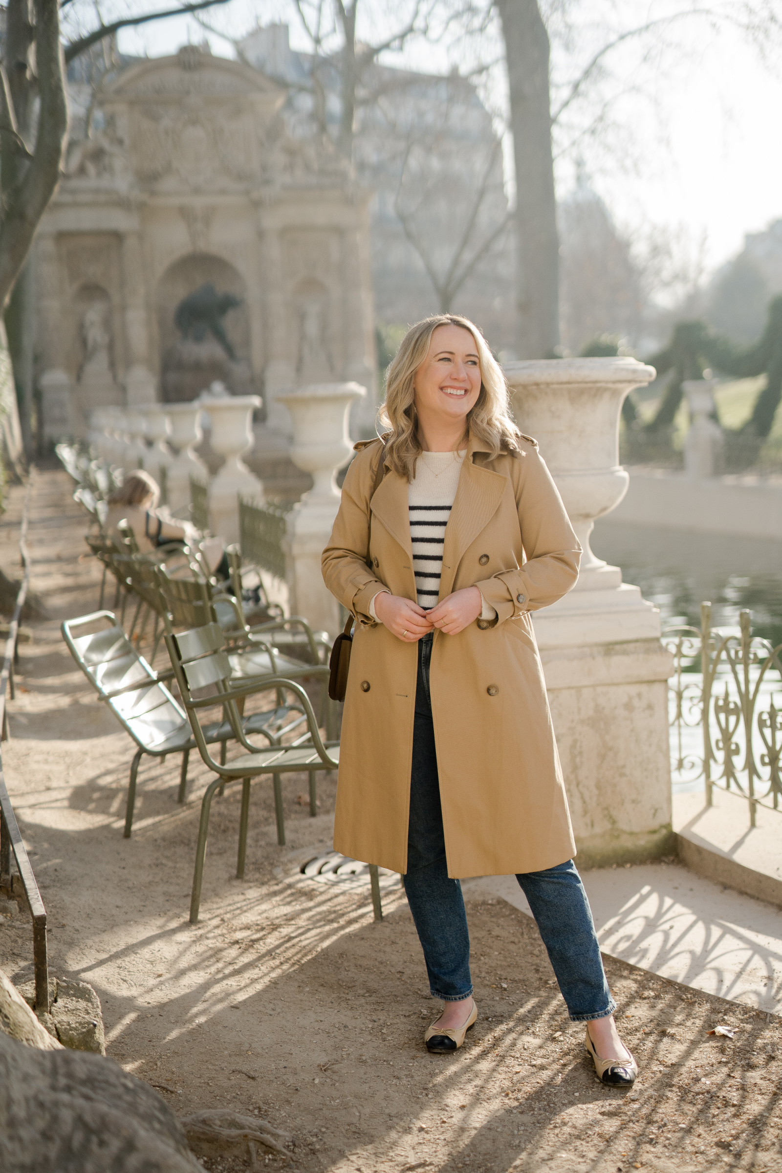 What Shoes to Pack for Europe Sezane Trench coat with Striped Sweater Paris Outfit