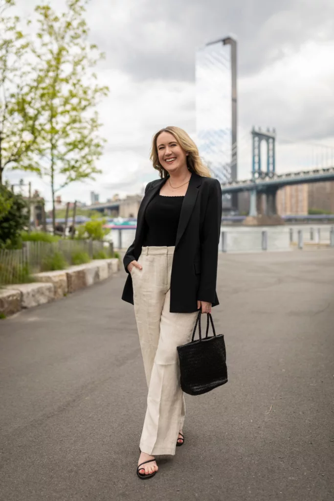 Summer Outfit featuring Linen Pants, Knit Tank, and blazer