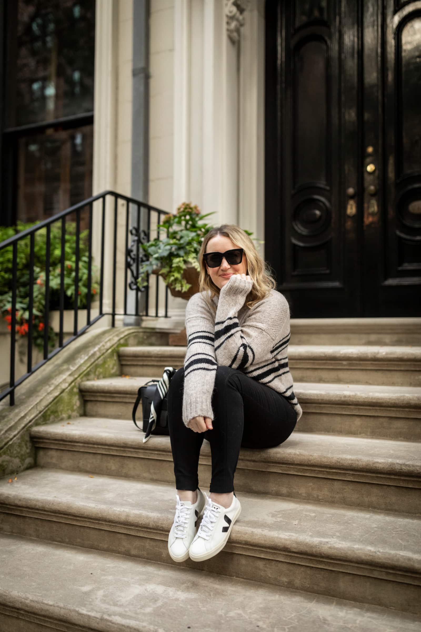 What Shoes to Pack for Europe Striped Sweater from Bash Paris, Senreve Bag, MMLafleur Pants, Veja Sneakers