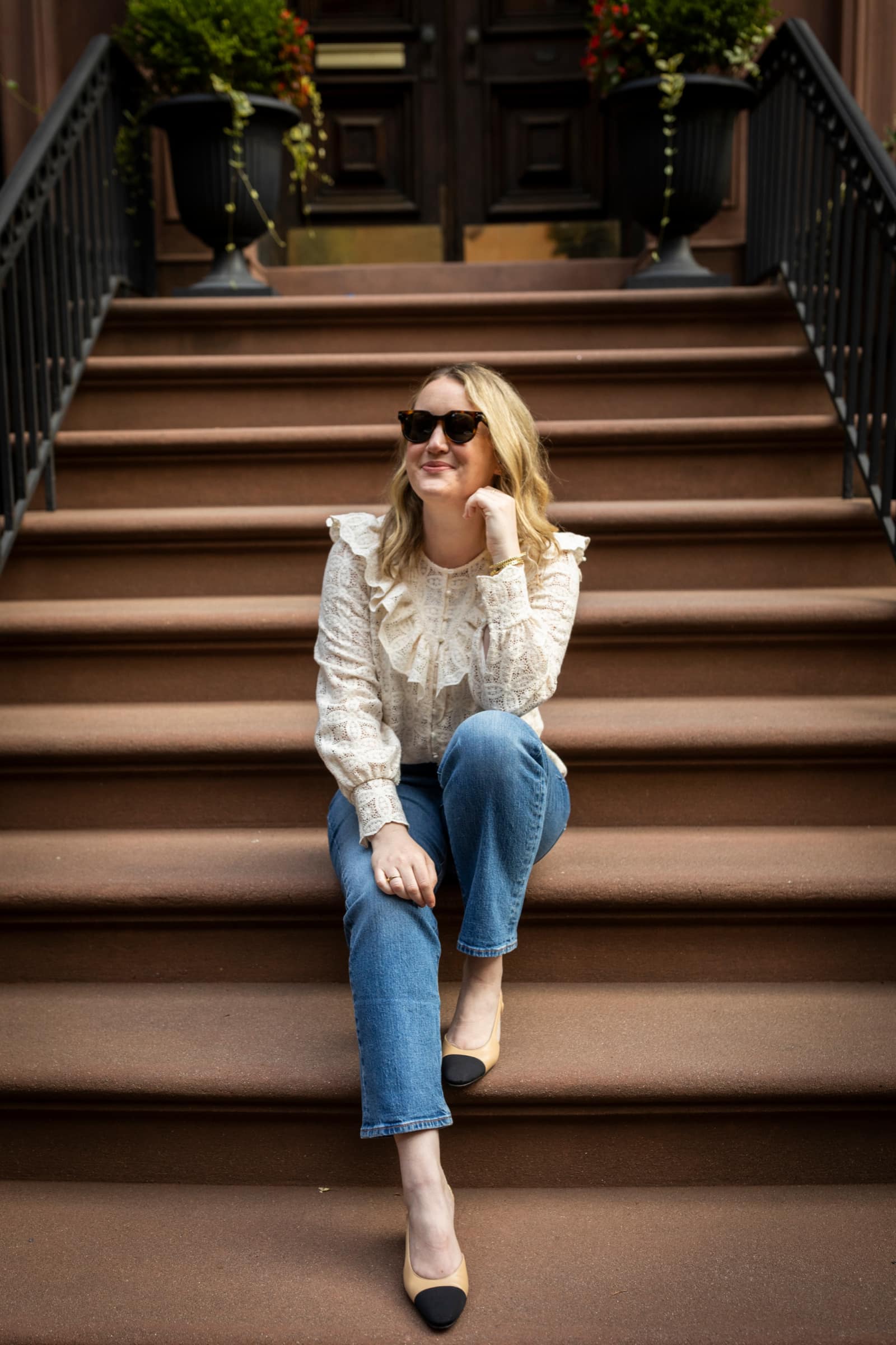 Sezane Lace Top + Levi's Straight Jeans