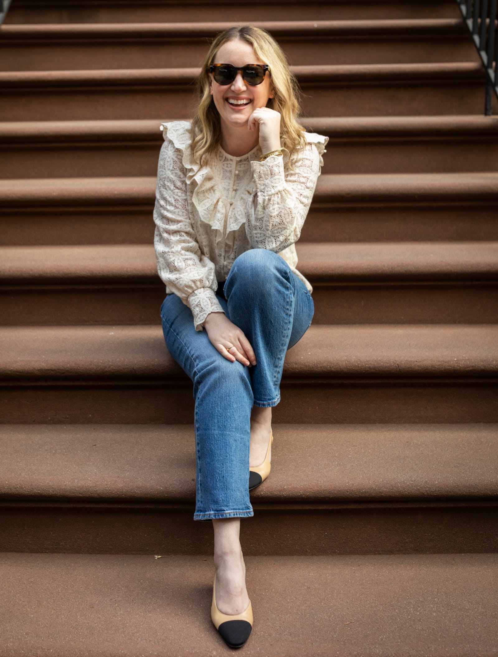 Sezane Lace Top + Levi's Straight Jeans
