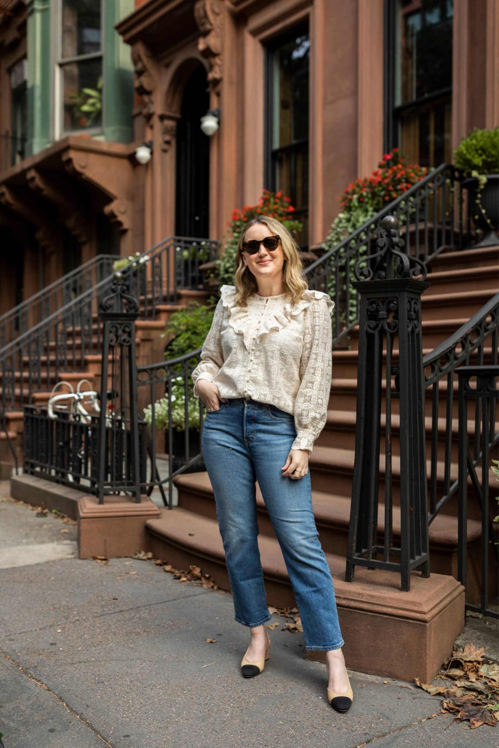 Sezane Lace Top + Levi's Straight Jeans