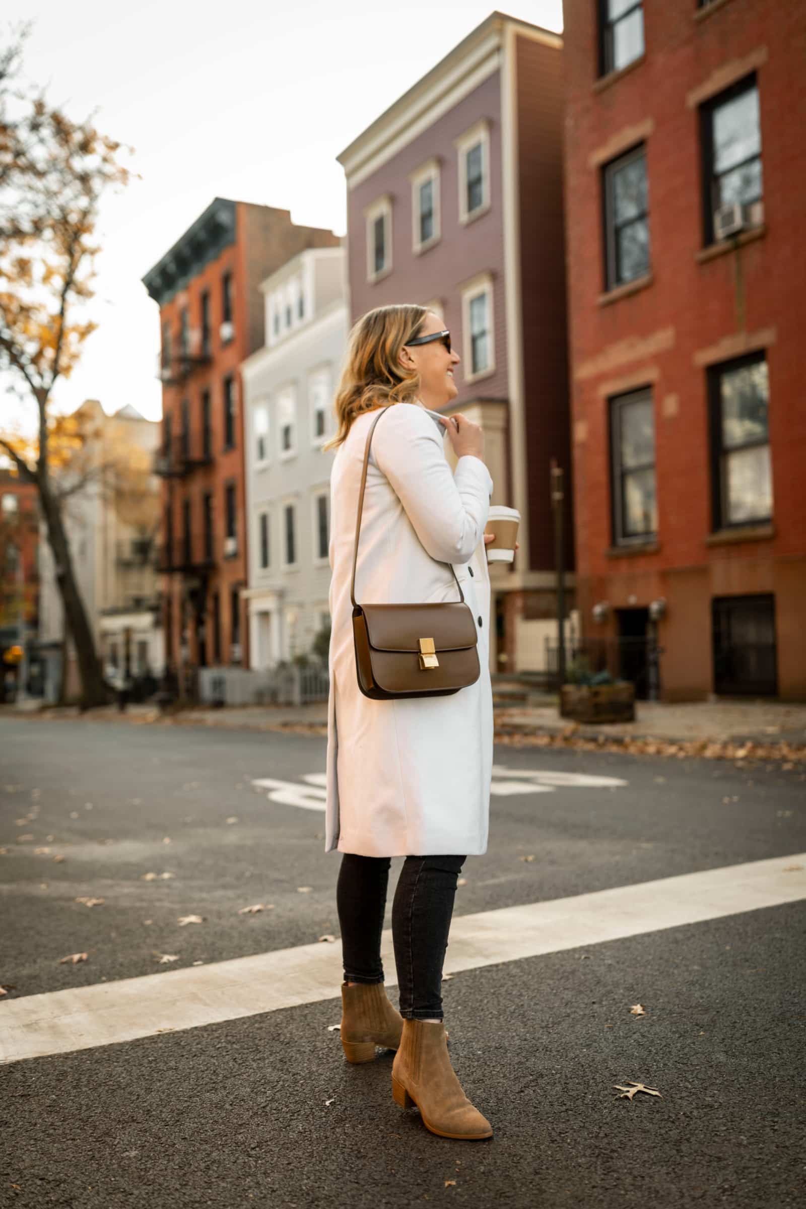 Celine Box Bag I Styling Winter Classics I J.Crew Double Breasted Coat I Cable Knit Sweater and Suede Rag & Bone Boots