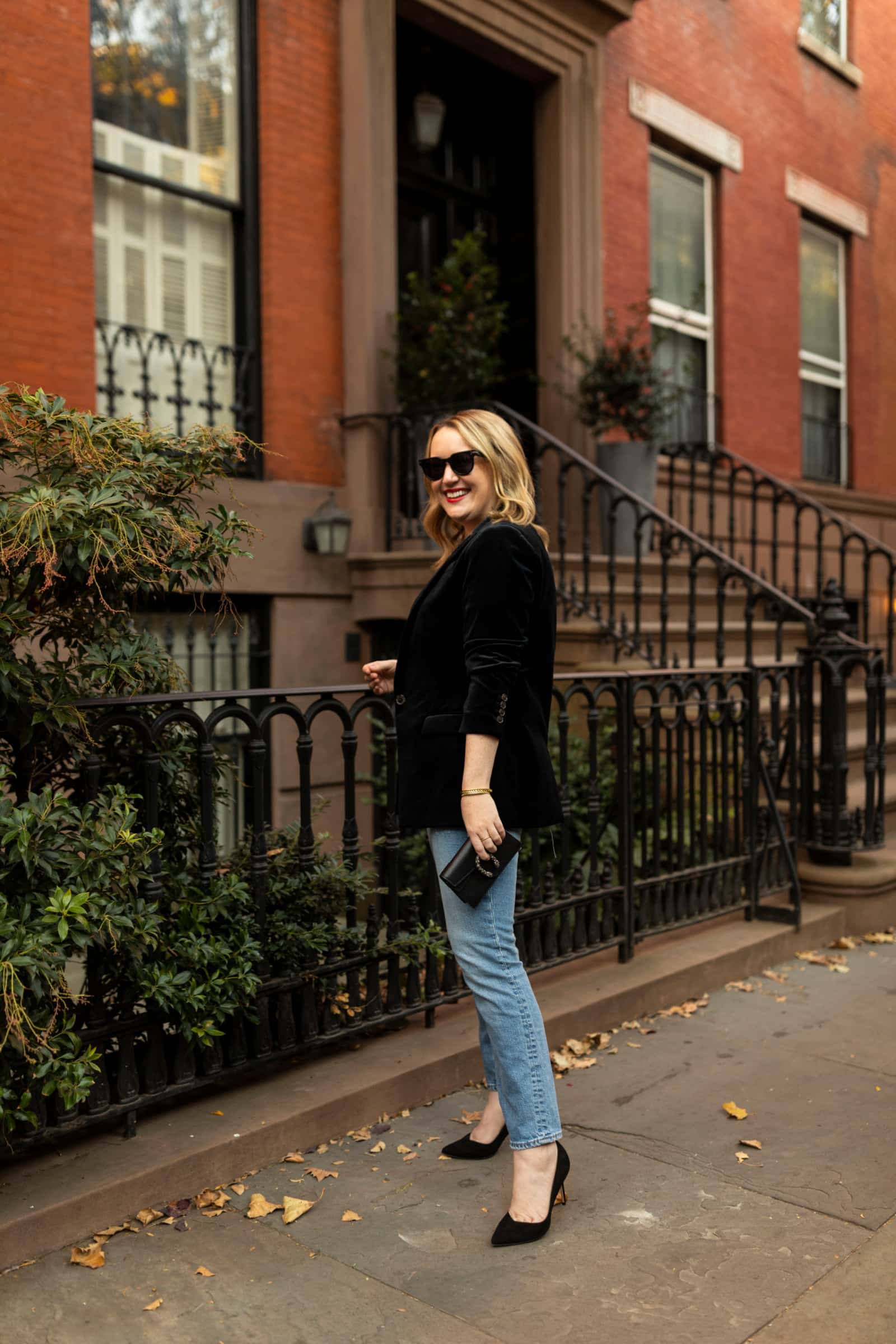 Holiday Outfits Velvet Holiday Outfit: J.Crew Velvet Blazer + Gucci Bag + Sarah Flint Pumps