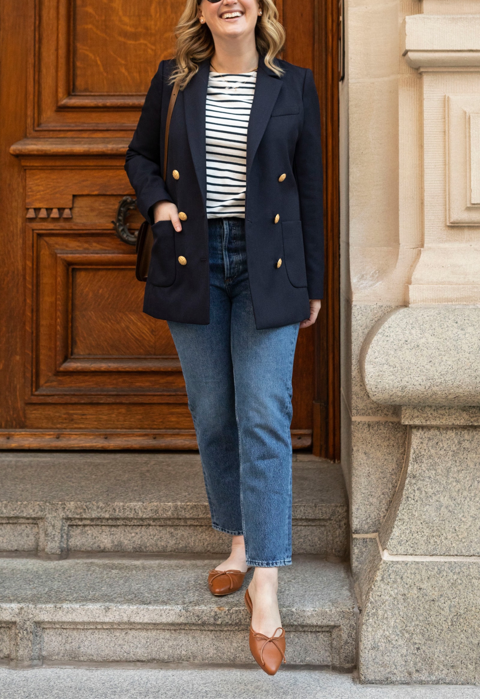 Fall Outfit Ideas with Jeans Sezane Navy Blazer, Agolde Riley Jeans, Alex Mill Striped Tee and Margaux Mules