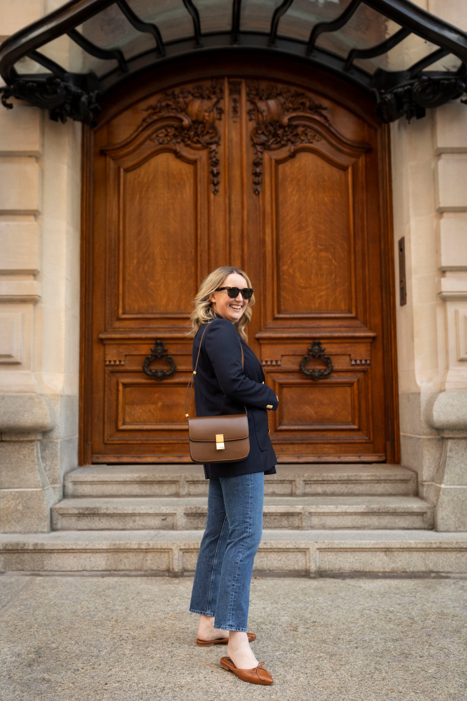 Sezane Navy Blazer, Agolde Riley Jeans, Alex Mill Striped Tee and Margaux Mules with Celine Box Bag