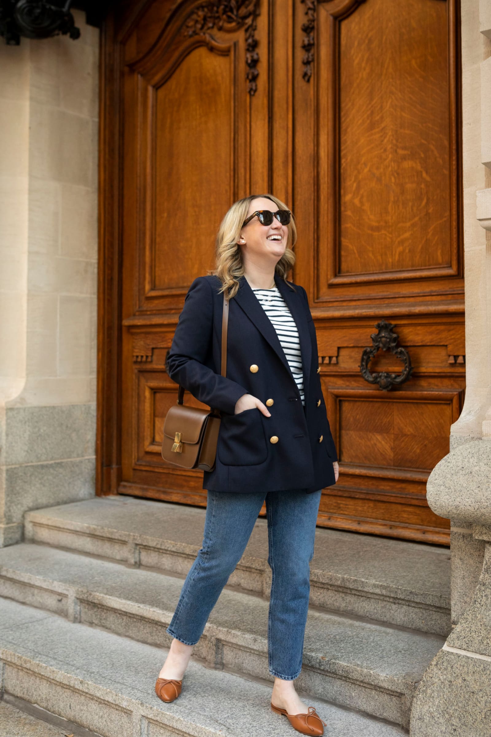 My Favorite and Most-Worn Jeans Sezane Navy Blazer, Agolde Riley Jeans, Alex Mill Striped Tee and Margaux Mules with Celine Box Bag