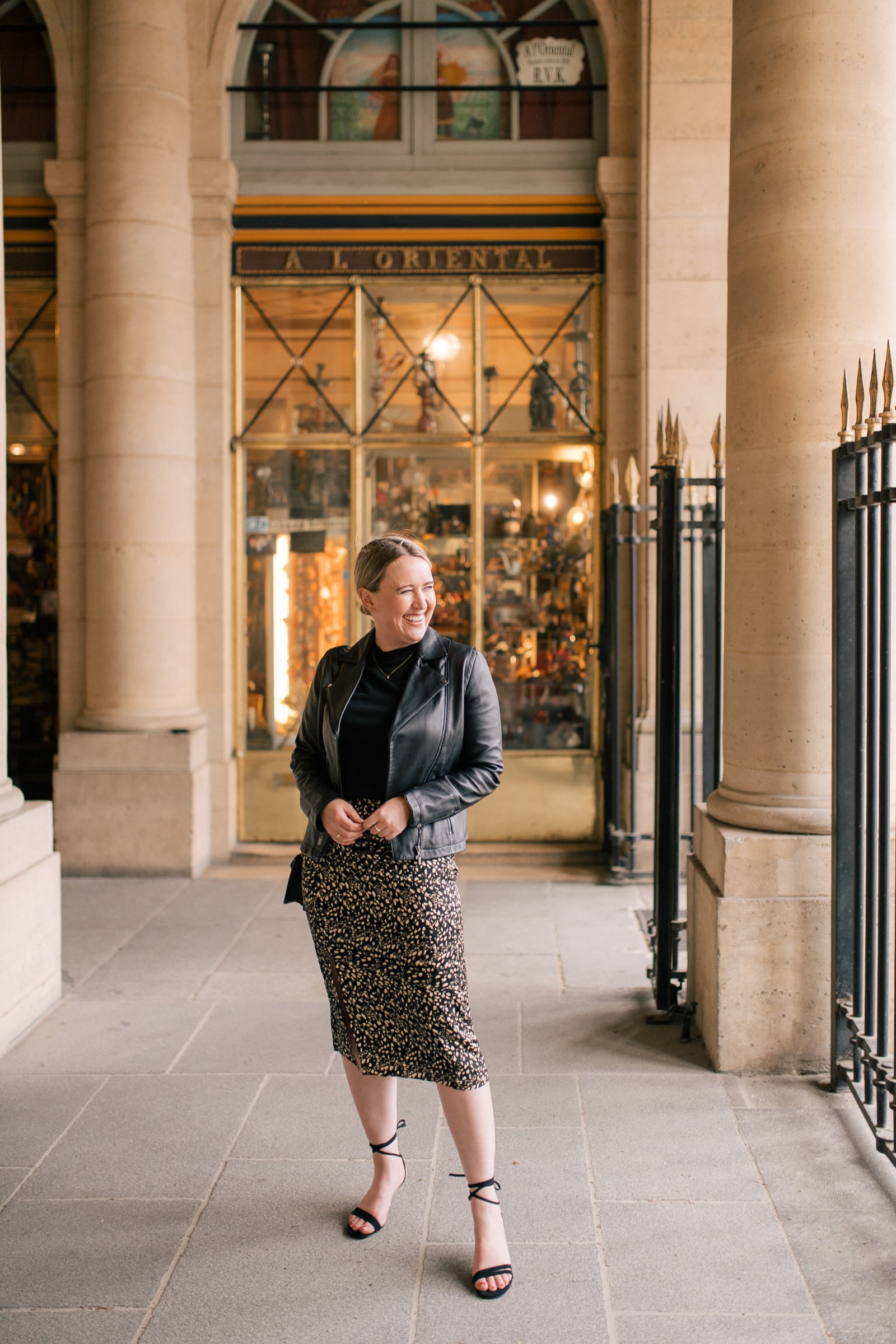 What To Wear With A Leather Jacket Meghan Donovan in Paris in Bash Paris Skirt and Leather Jacket Paris Outfit