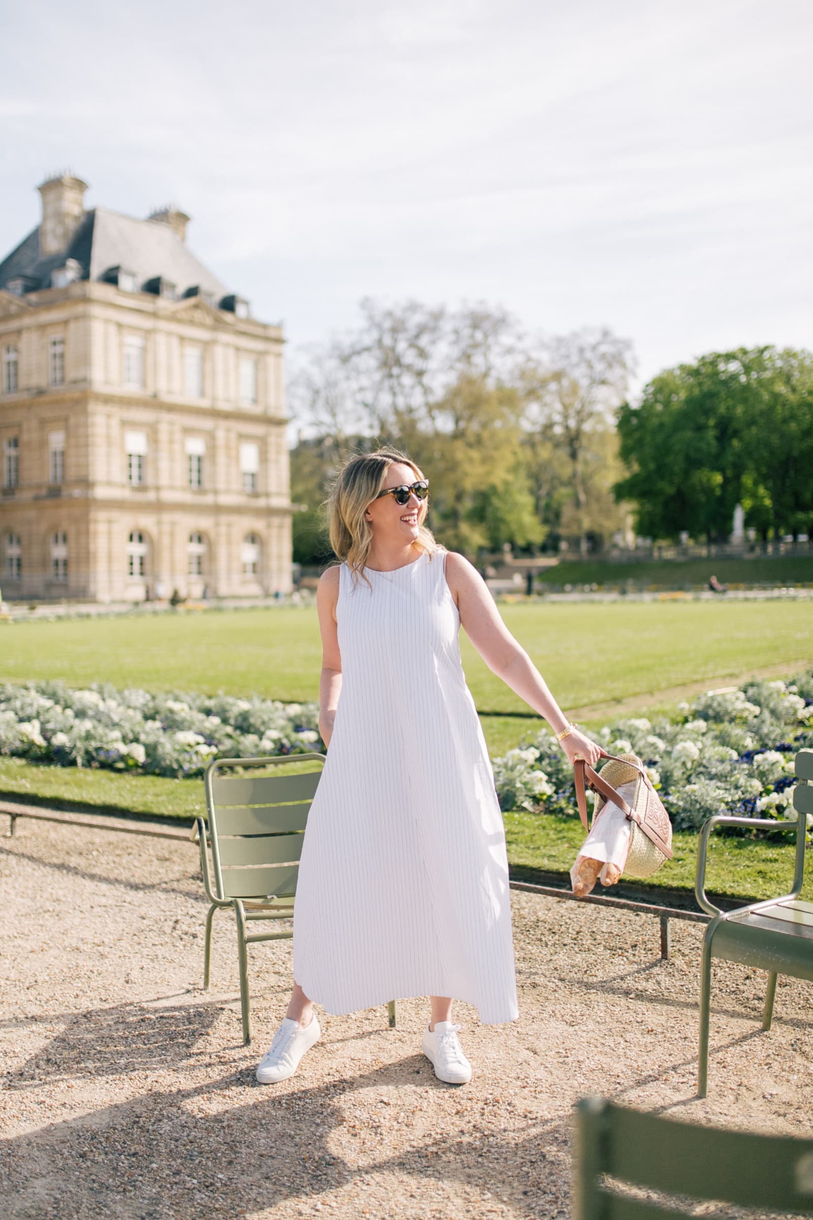 Spring in Paris Outfit I M.M.LaFleur Poplin Dress and Loewe Tote and Common Projects Sneakers
