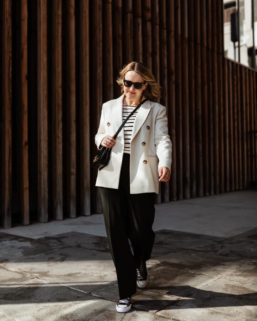 Bash Blazer + Striped Tee + Black Trousers and Converse - Winter Paris Outfit