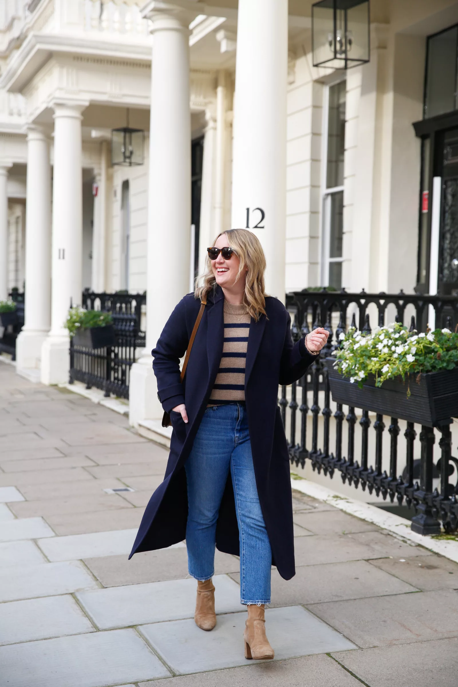 Sezane Navy Coat La Ligne Striped Sweater Inez Boots London Outfit Fall