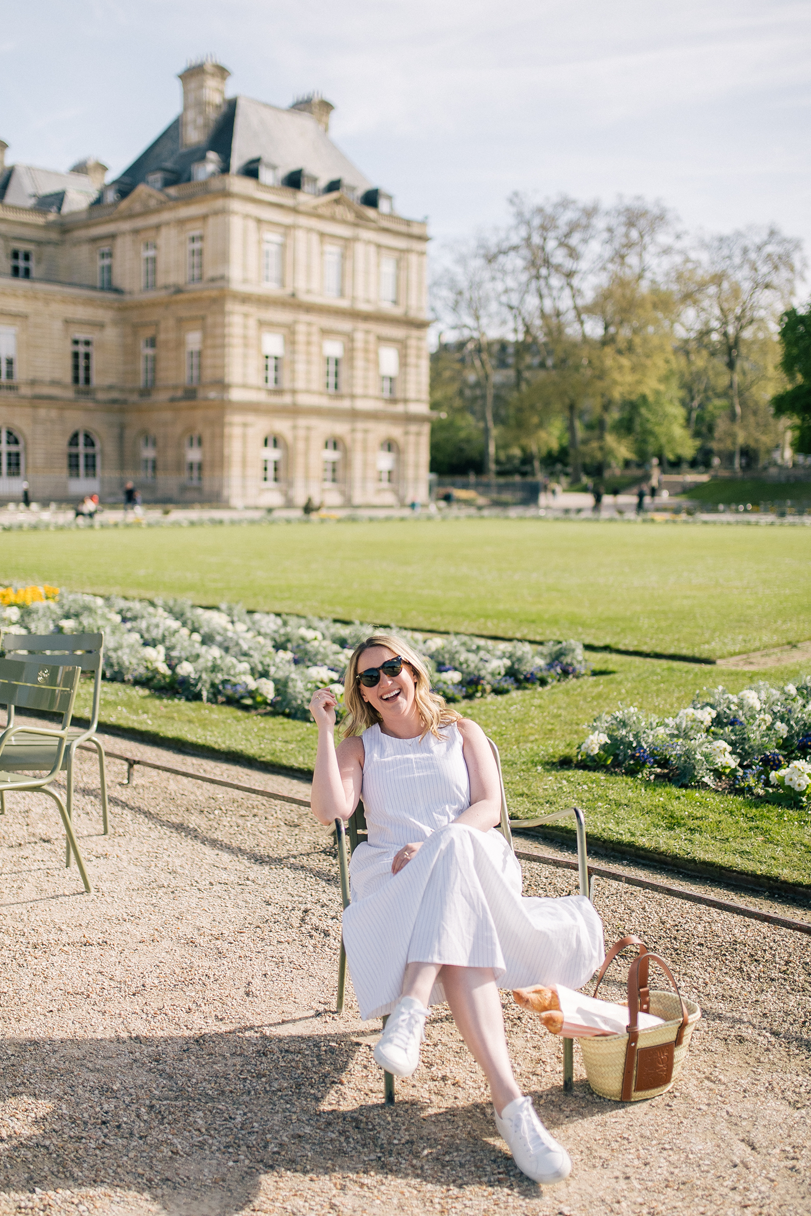 Capsule Wardrobe Basics Spring in Paris Outfit I M.M.LaFleur Poplin Dress and Loewe Tote and Common Projects Sneakers