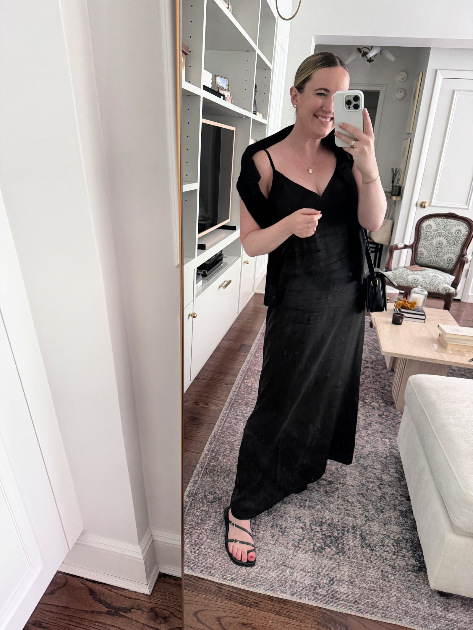 wit & whimsy wearing a slip dress and sandals