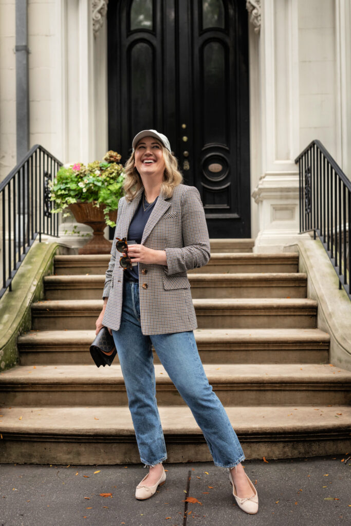 Fall Outfit featuring Veronica Beard Blazer, Agolde Straight Leg Jeans, Manolo Blahnik Ballerina Flats